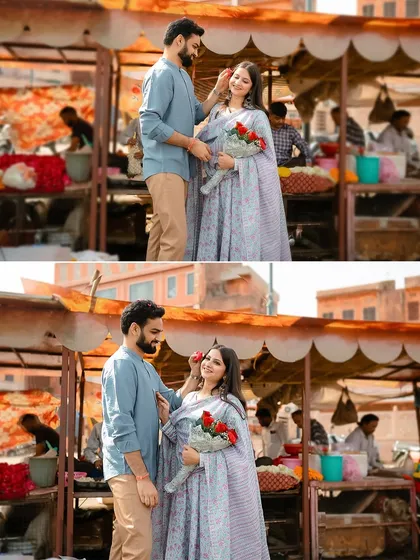 A diptych capturing playful and romantic interactions at a flower stall in the market.