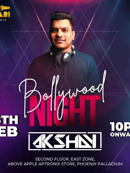 An event poster from one of my packed Bollywood Nights at Phoenix Palladium. I specialize in high-energy Bollywood sets, mixing the latest hits with all-time classics.