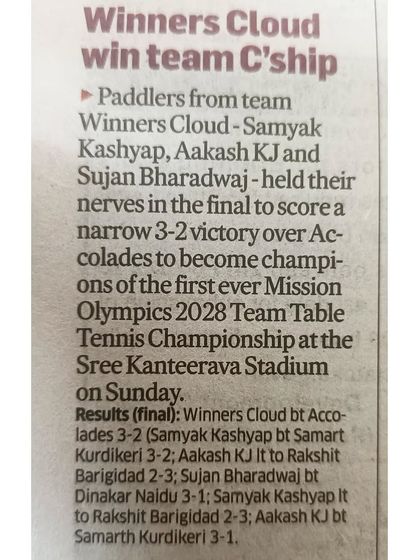 "Winners Cloud win team C'ship." A newspaper report on our team's victory at the first-ever Mission Olympics 2028 Team Table Tennis Championship.