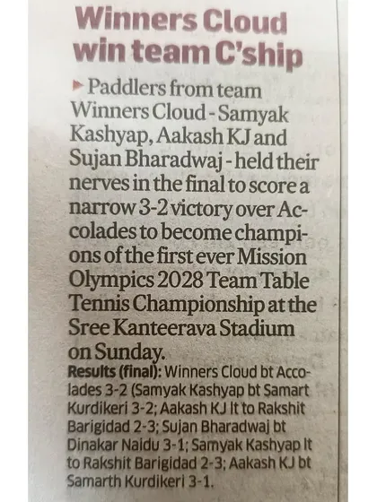 "Winners Cloud win team C'ship." A newspaper report on our team's victory at the first-ever Mission Olympics 2028 Team Table Tennis Championship.