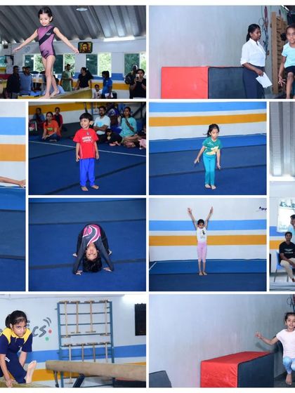 A collection of photos and videos showing our gymnasts training on various artistic apparatuses, including the balance beam, bars, and floor.