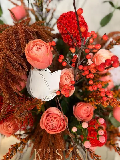 Diversion, explosiveness, and vivacity. This arrangement is a celebration of tangerine, coral, and citrus, featuring African Pincushion, Amaranthus, and Dutch berries to remind you that brighter days are ahead.