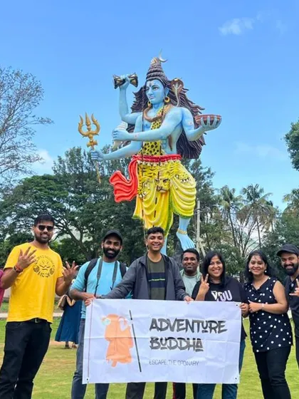 Our group at a Shiva statue near Nandi Hills.