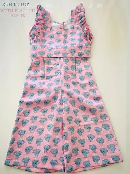 This charming two-piece co-ord set includes a ruffle-sleeve top and matching flared pants in a fun elephant print. It's a perfect example of my custom-printed daily wear that lets kids be stylish and comfortable.