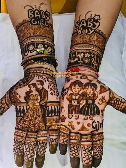 Whether you're expecting a boy or a girl, we can customize the design for you. This fun mehandi includes "Baby Boy" and "Baby Girl" themes, along with portraits of the couple and their children.