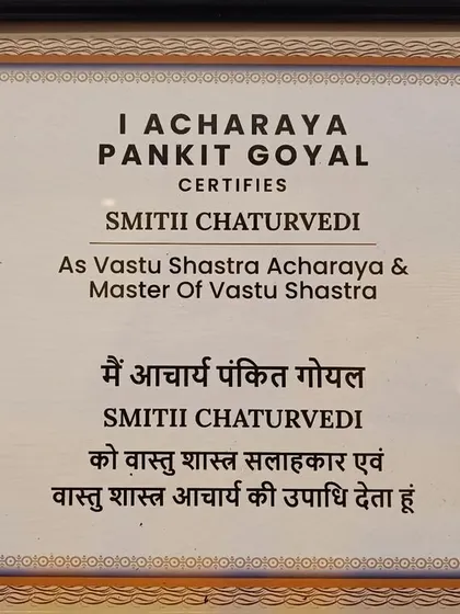 I am certified as a Vastu Shastra Acharya and Master of Vastu Shastra by my respected guru, Acharya Pankit Goyal. My practice is built on a foundation of deep study, respect for this ancient science, and a genuine desire to help others.