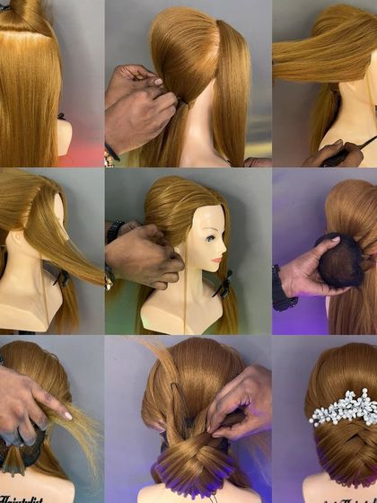A collage showing the step-by-step creation of a beautiful braided bun. This visual guide is perfect for my online students to follow along.