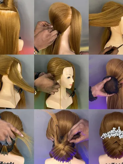 A step-by-step image guide for creating an intricate braided bun.