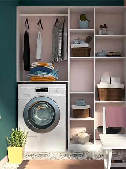 A compact balcony transformed into a bright and cheerful laundry room. The open shelving provides easy access to supplies, and a small folding table offers a surface for sorting clothes.