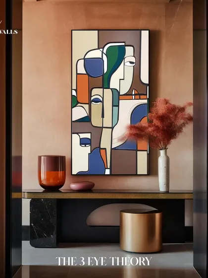 "The 3 Eye Theory" is an abstract, cubist-inspired wall panel that encourages personal interpretation. The interplay of colors, shapes, and faces is designed to be a conversation starter, making the wall a piece of interactive art.