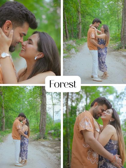 A collage dedicated to the forest theme, showing intimate and happy moments of a couple surrounded by nature.