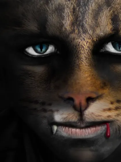 This is a duplicate of a surreal digital artwork, created by blending and painting over multiple photos. This piece merges human and animal features to create a dark, fantasy-inspired character.