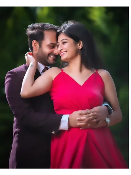 A classic, romantic embrace. This pre-wedding portrait focuses on the couple's happy and relaxed interaction, captured with soft, flattering light against a lush green background.