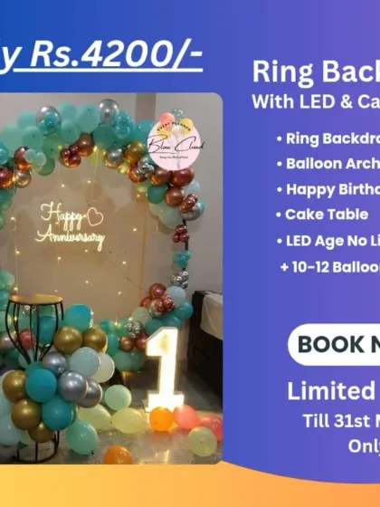 A duplicate image of the Ring Backdrop with LED and Cake Table package for Rs. 4200.