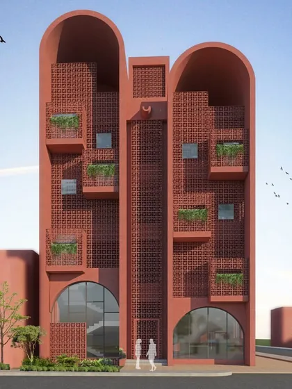 My work often explores passive cooling strategies rooted in traditional architecture. This residential building uses a façade of terracotta jaali blocks and arched forms, creating a wind catcher that promotes natural ventilation and reduces energy consumption while forming a distinct, rhythmic visual identity.