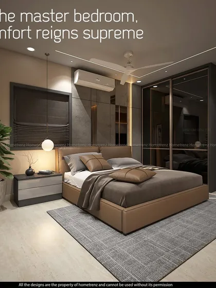 In the master bedroom, comfort reigns supreme. This design uses a rich brown leather-upholstered bed, dark curtains, and a concrete-textured accent wall to create a cozy and masculine space.