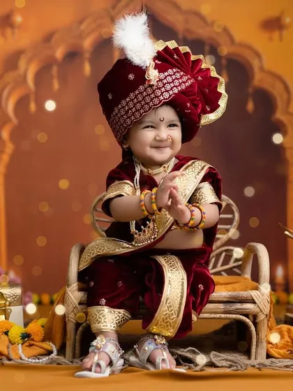 A joyful little girl dressed in a traditional Marathi royal outfit, clapping her hands with a big smile. This is from our popular 'Jijau-chi Lek' theme.