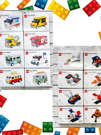 A closer look at the variety of miniature building block sets available, from city vehicles like campers and vans to space-themed rockets and rovers.