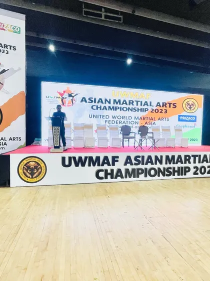 A wider view of the stage at the UWMAF Asian Martial Arts Championship 2023.