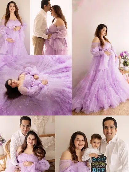 This collage shows the versatility of a single maternity session, from ethereal solo portraits in a flowing gown to classic family shots and fun announcements.