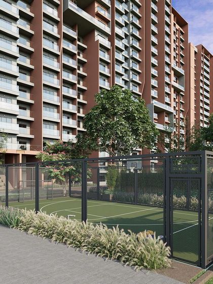 A duplicate view of the multipurpose sports court, showing its integration with the surrounding residential towers.