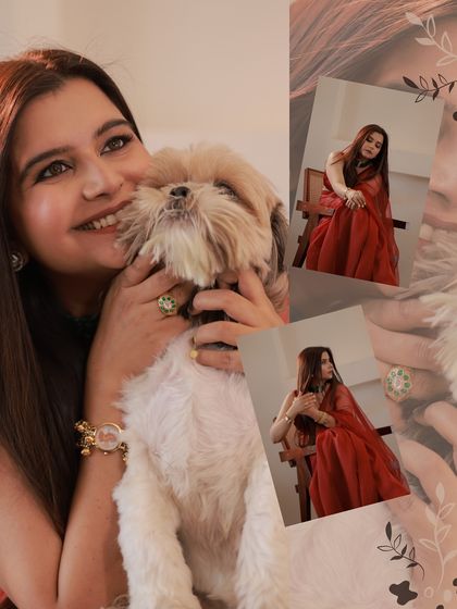 A creative collage showcasing a soft glam look with a bold red saree. This captures the essence of balancing a subtle makeup look with a statement outfit.