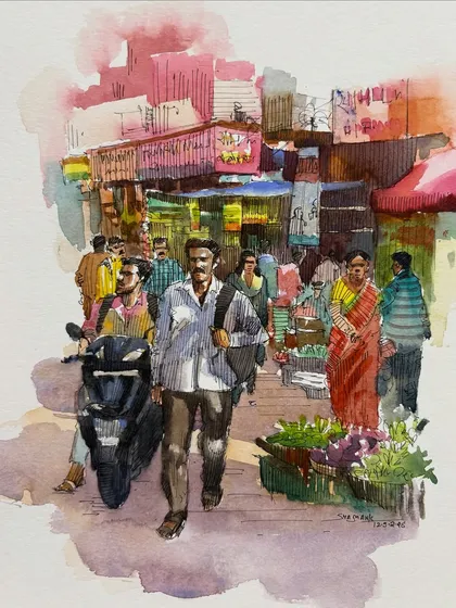 This watercolor illustration captures the energy of a crowded market. I used a combination of pen drawing and watercolor to define the figures and add vibrant color to the scene.