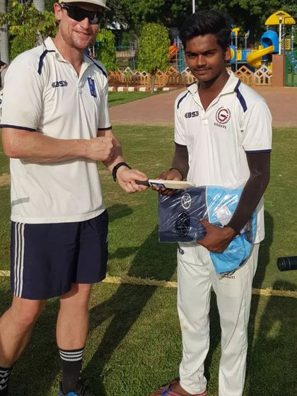 One of my players receiving a token of appreciation from a New Zealand cricketer after our practice match. These interactions are incredibly motivating.