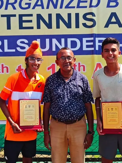 Gurrshan and Arsh at the prize distribution ceremony for their AITA Super Series doubles title win.