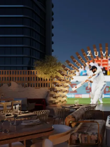 Another view of the rooftop, highlighting the dynamic energy of the space. The design embraces openness, creating an island of experience amidst the surrounding high-rise buildings.