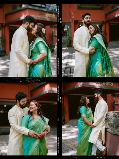 A film-strip style collage showing four different moments from Nidhi and Aditya's engagement shoot, from tender kisses to shared smiles.