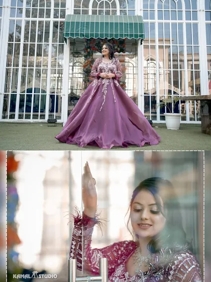 A creative collage showing the bride in her grand outdoor setting and a close-up, reflective portrait.