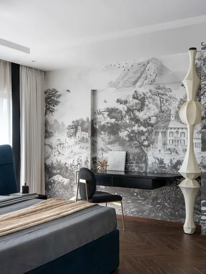 A full view of the Evelyn master bedroom, showing how the large mural creates an immersive experience. The floating desk is seamlessly integrated into the design, providing a functional workspace without disrupting the room's aesthetic.