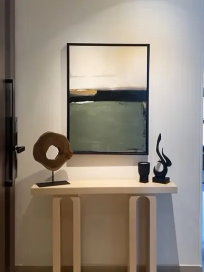 A beautiful abstract landscape painting installed in a Mumbai entryway. While a single canvas, it shows how I can create art to fit specific dimensions, like this 3ft x 4ft piece.