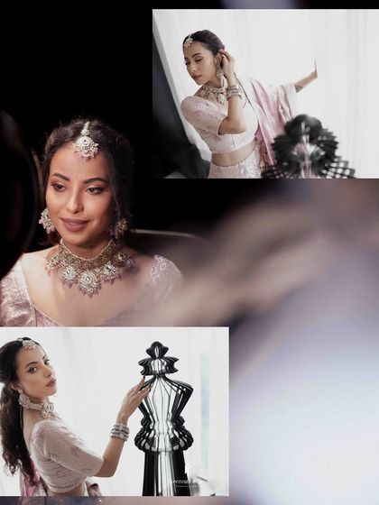 A creative collage of the bride posing with an artistic chess piece, blending modern aesthetics with traditional bridal elegance for her engagement photos.