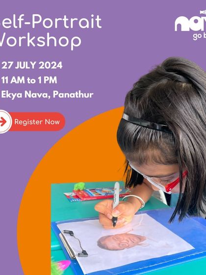 This poster for our Self-Portrait Workshop invites families to a session of unconventional painting techniques and artistic discovery. It's a perfect opportunity to learn, create, and bond.