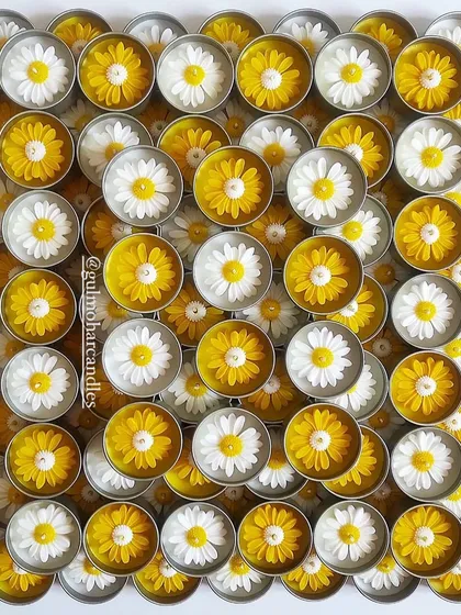 Look how cheerful these daisy tin candles are! Tins are a great, budget-friendly option because they are durable and travel well. We can customize the labels for any occasion, from weddings to baby announcements.