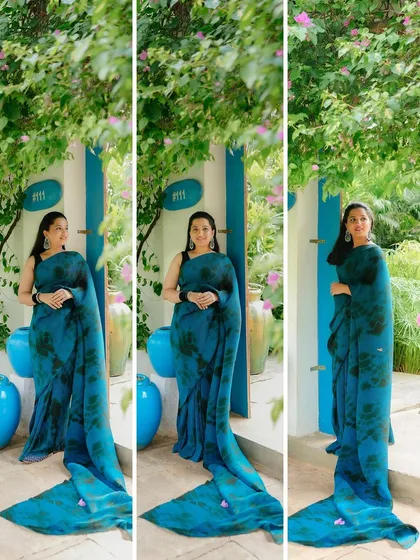 A triptych showcasing the bride's stunning blue saree against a vibrant, Santorini-inspired backdrop. This highlights my skill in capturing beautiful solo portraits and vibrant colors.