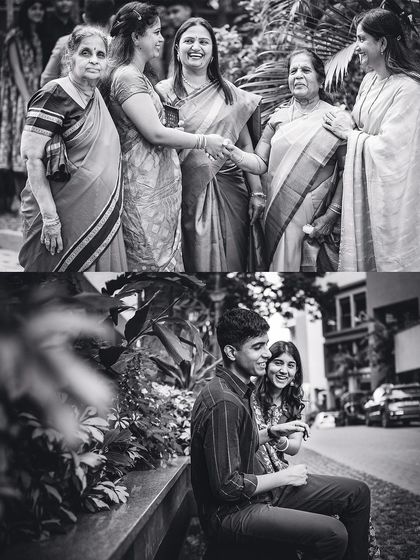 A timeless black and white collage capturing candid interactions across different generations of a family.