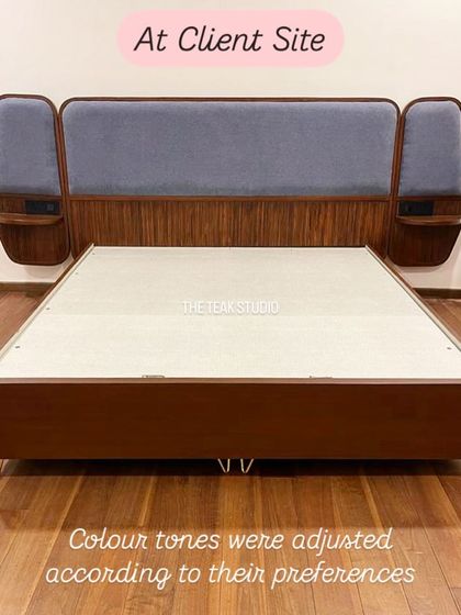 This shows how I can adjust designs to a client's taste. Based on an inspiration picture, I created this bed with a wood and blue fabric headboard, featuring unique winged side panels with built-in storage nooks and sockets.