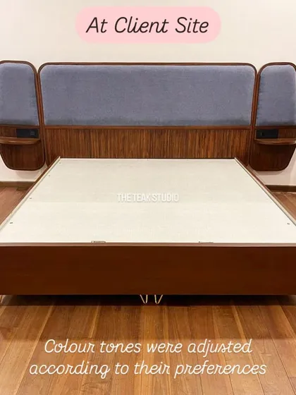 This shows how I can adjust designs to a client's taste. Based on an inspiration picture, I created this bed with a wood and blue fabric headboard, featuring unique winged side panels with built-in storage nooks and sockets.