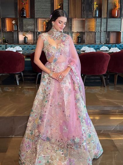 Another angle of this beautiful summer bridal lehenga, showing the delicate details and the way the light catches the embroidery.