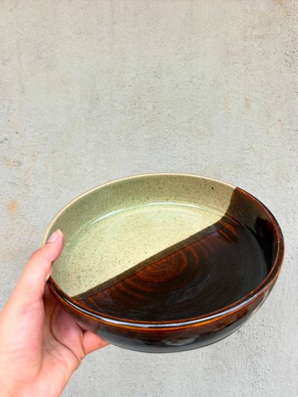 A different view of the half-glaze plate, highlighting the clean separation and beautiful combination of two of our favorite glazes.