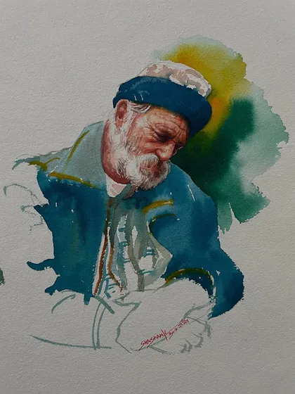 A candid, thoughtful moment captured in watercolor. This portrait study focuses on the subject's downward gaze and the soft, white beard, created with loose washes of color.