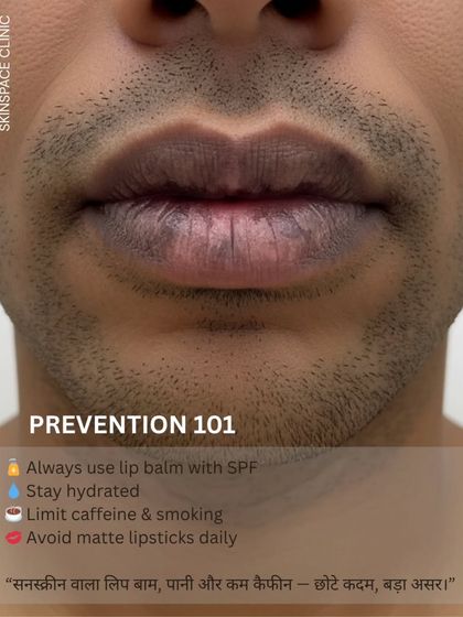Prevention is key. This image provides simple tips to prevent lip darkening, such as always using a lip balm with SPF, staying hydrated, limiting caffeine and smoking, and avoiding daily use of matte lipsticks.