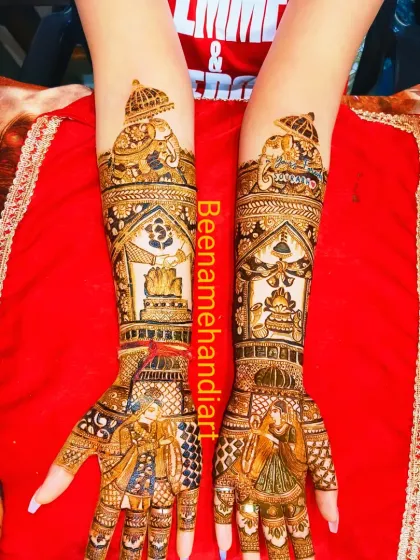 A full bridal design telling the story of the wedding day. I included scenes of the doli and baraat, with beautiful elephants and traditional patterns filling the arms up to the elbow.