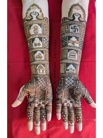 A clear shot of a storytelling bridal mehendi. Each panel on the arms contains a different element of the wedding ceremony, from sacred knots to holy fires, personalized for the bride.