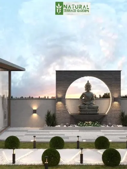 A serene garden concept for Vikaspuri, featuring a large Buddha water feature.