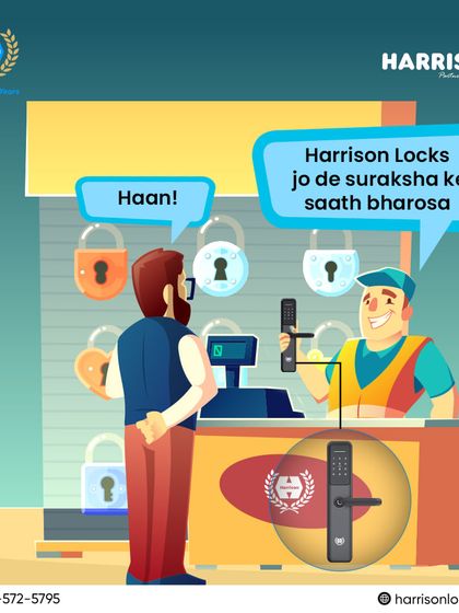 Why settle for just any lock? This graphic shows a customer wisely choosing a Harrison lock, which offers both suraksha (security) and bharosa (trust).