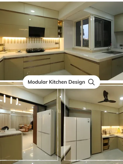 A collage showcasing the different angles of this elegant modular kitchen design in Thane.